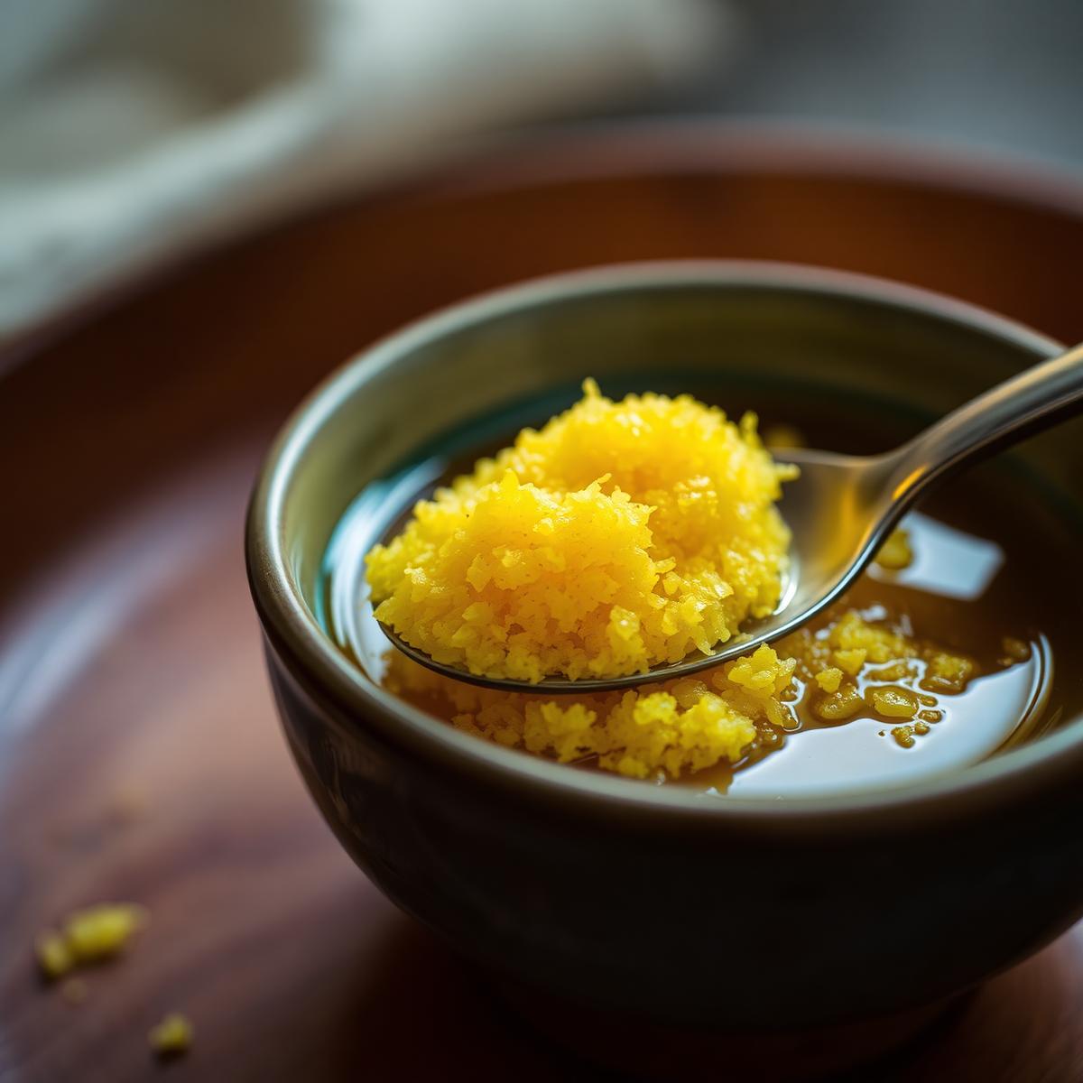 Golden granulated ghee in a ceramic bowl