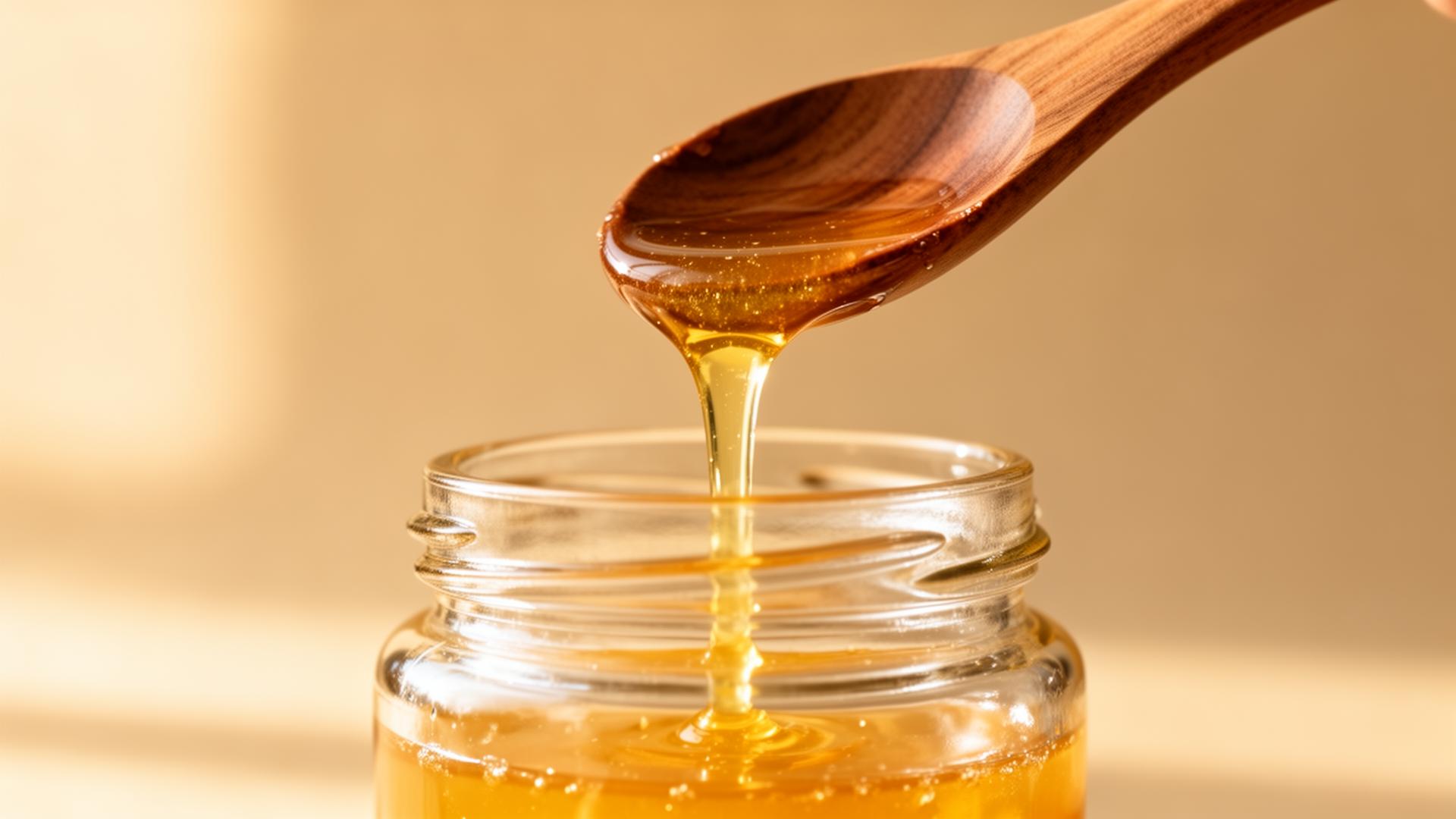 Golden ghee pouring from a wooden spoon into a glass jar